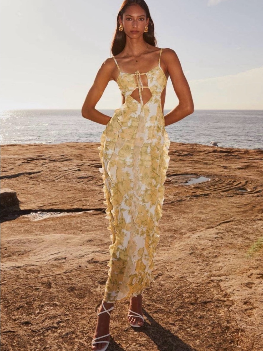 Peppermayo Yellow & White Floral Cutout Maxi Dress Sunset kiss